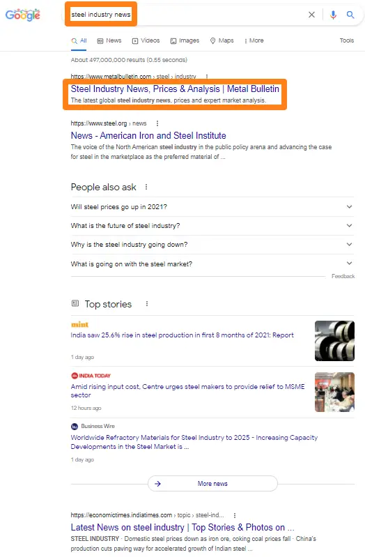 A Google SERP page for ‘steel industry news’ with several results.