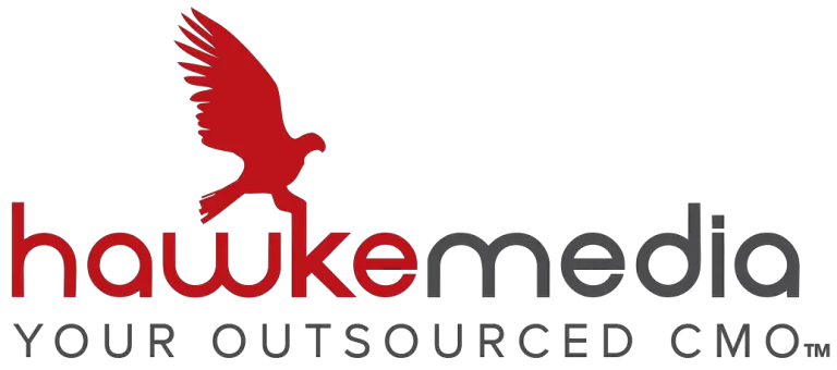 Hawke Media logo in red and grey beneath a red hawk.