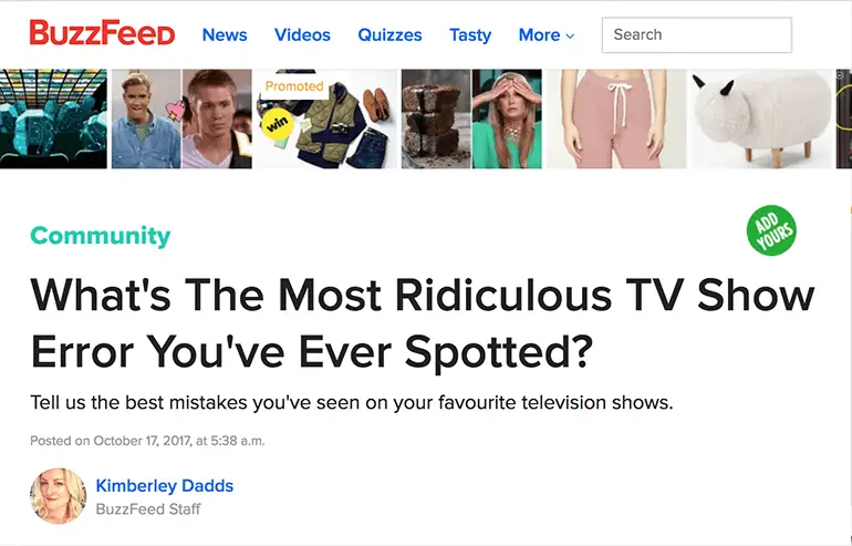 A screenshot of a story on Buzzfeed, showcasing their listicle, crowdsourced nature.