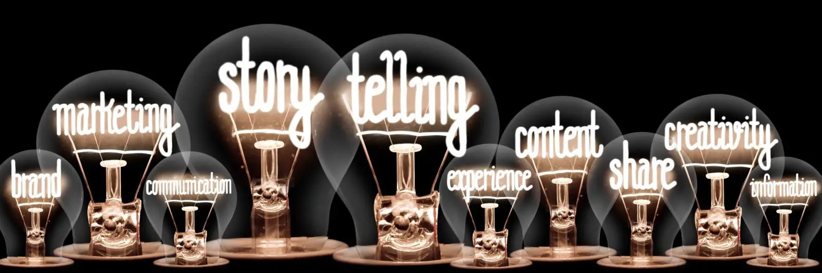 Illuminated light bulbs display words related to content marketing in their filaments.