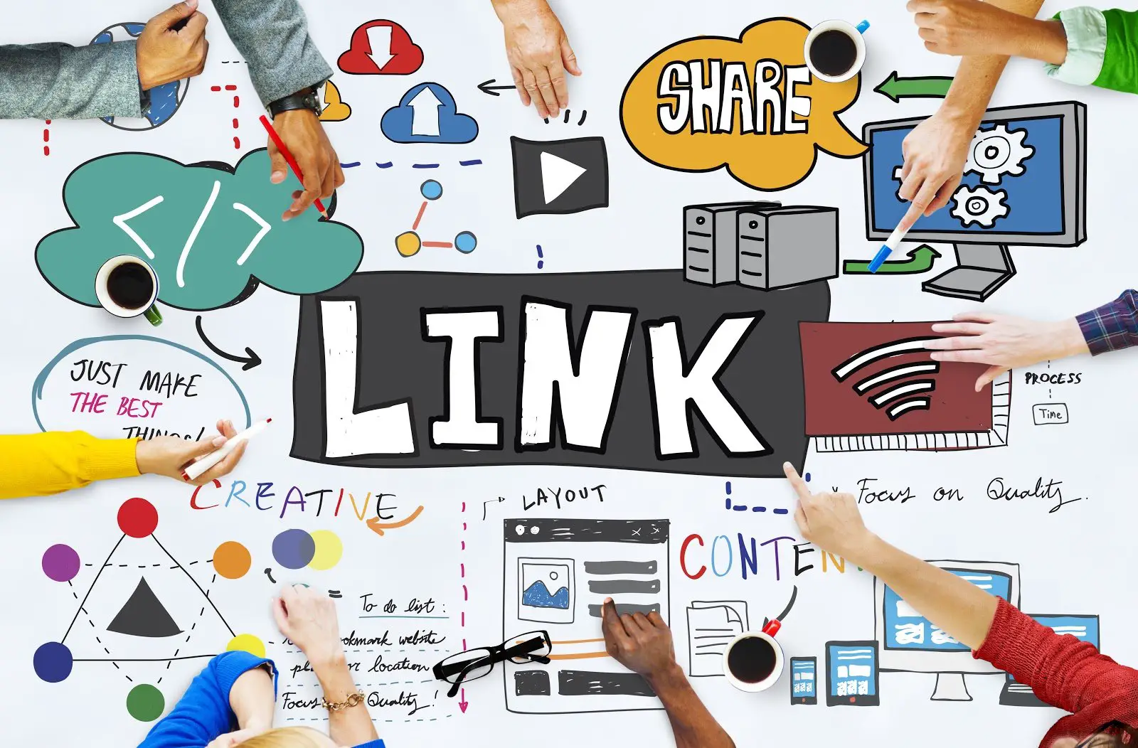 A collage features the word “LINK” surrounded by hands pointing to illustrations, charts, and graphs.