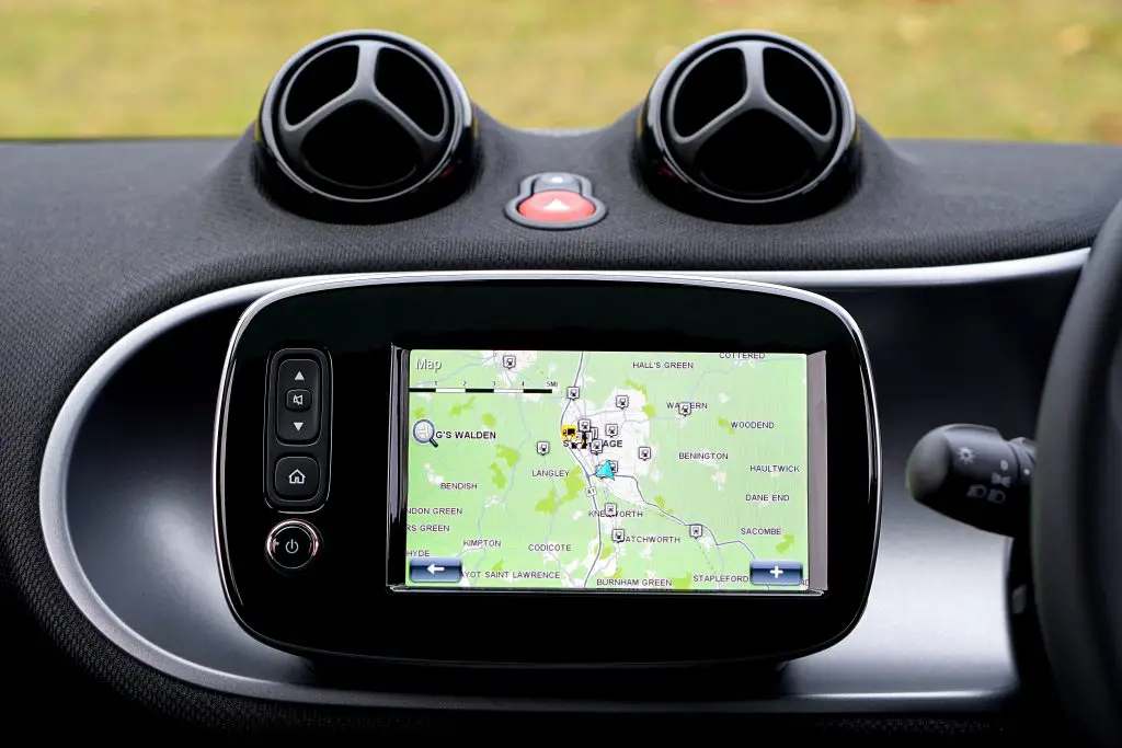 A car dash mounted GPS enabled digital roadmap.