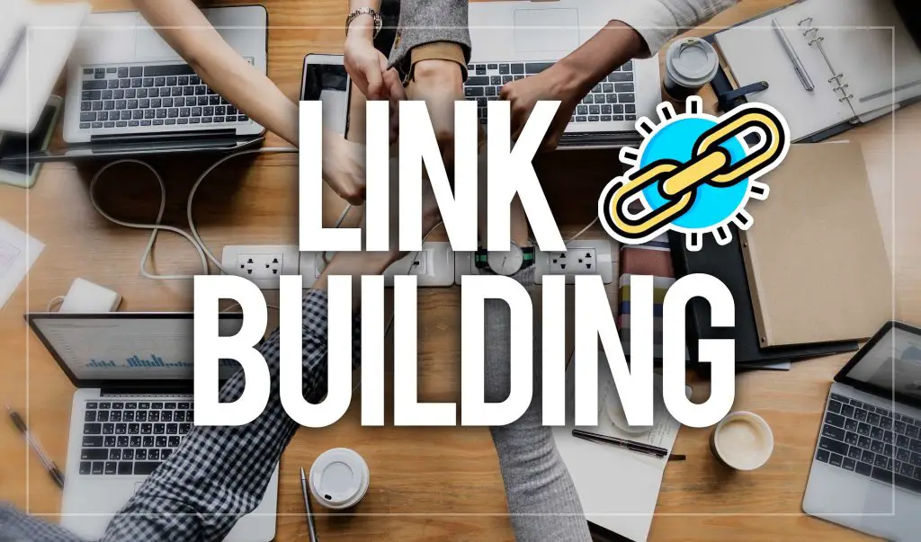 A team bumping fists underneath a graphic that says Link Building.