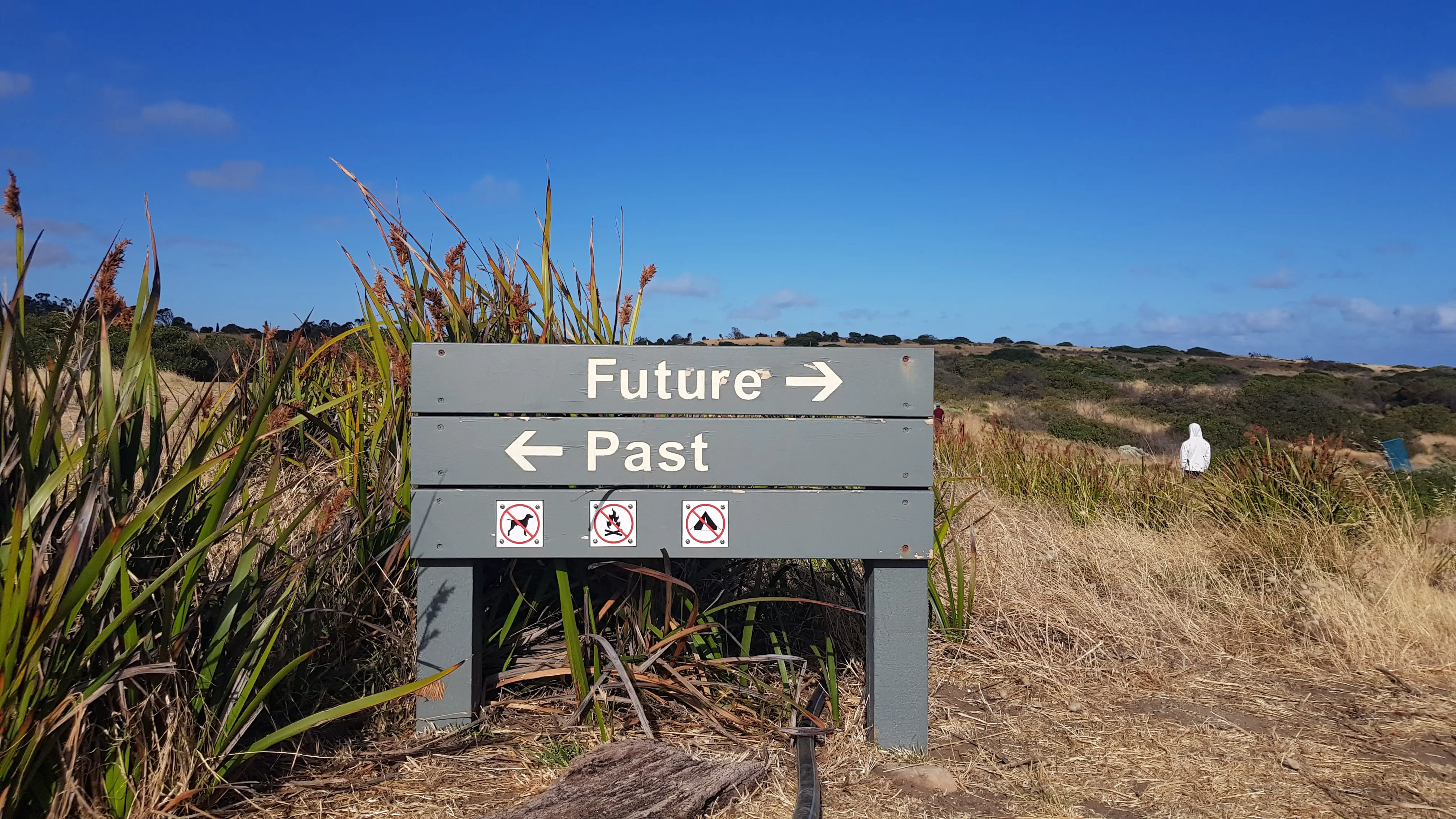 A sign on a beach pointing to the past and the future.