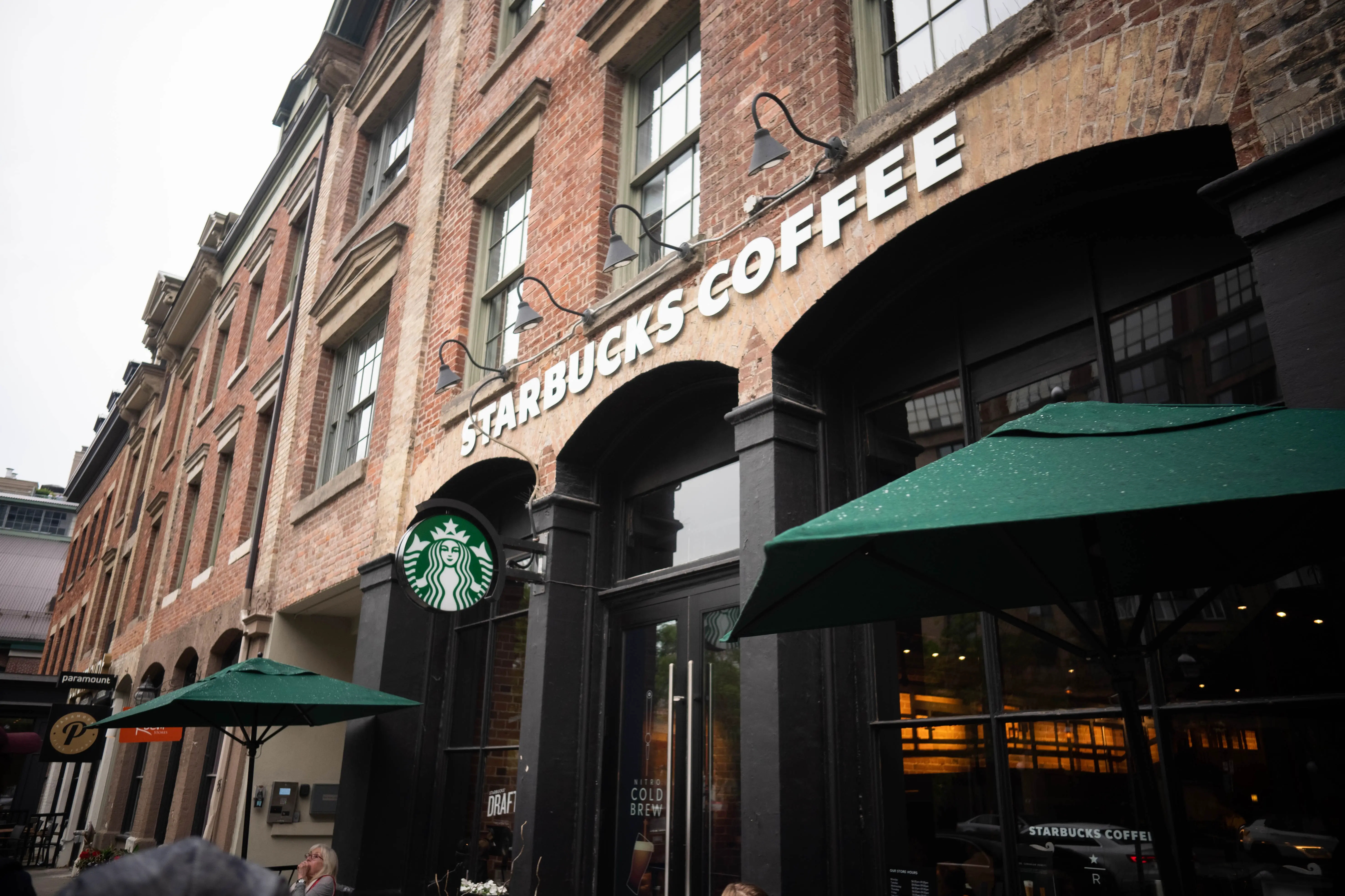 The exterior of a Starbucks.