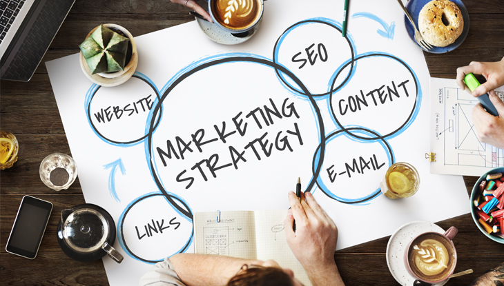 illustration with marketing strategy in center with website, seo, content, email, and links around the outside